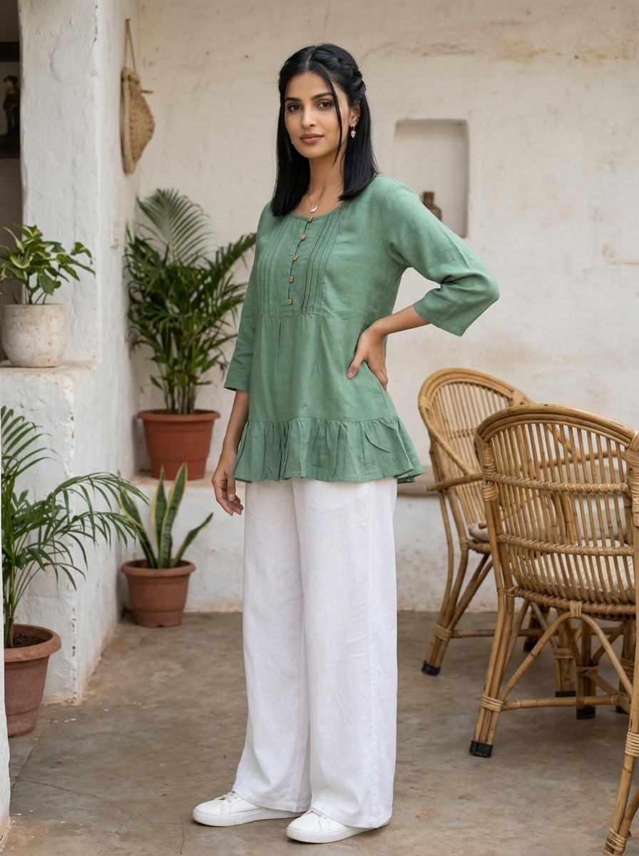 THE LINEAR WAVE GREEN COTTON TOP