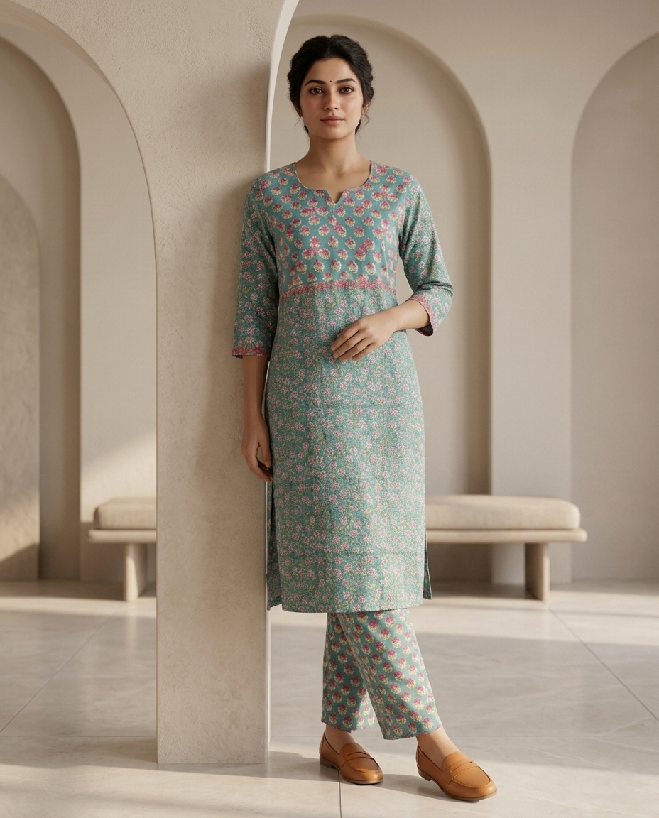 GOLDEN GRACE EMBROIDERY KURTA PANT SET - HANDBLOCK