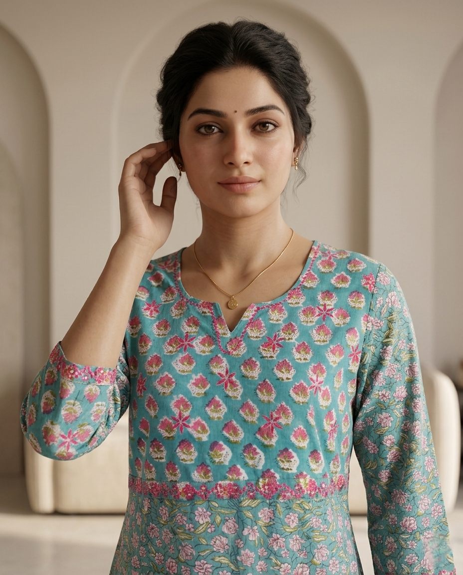 GOLDEN GRACE EMBROIDERY KURTA PANT SET - HANDBLOCK