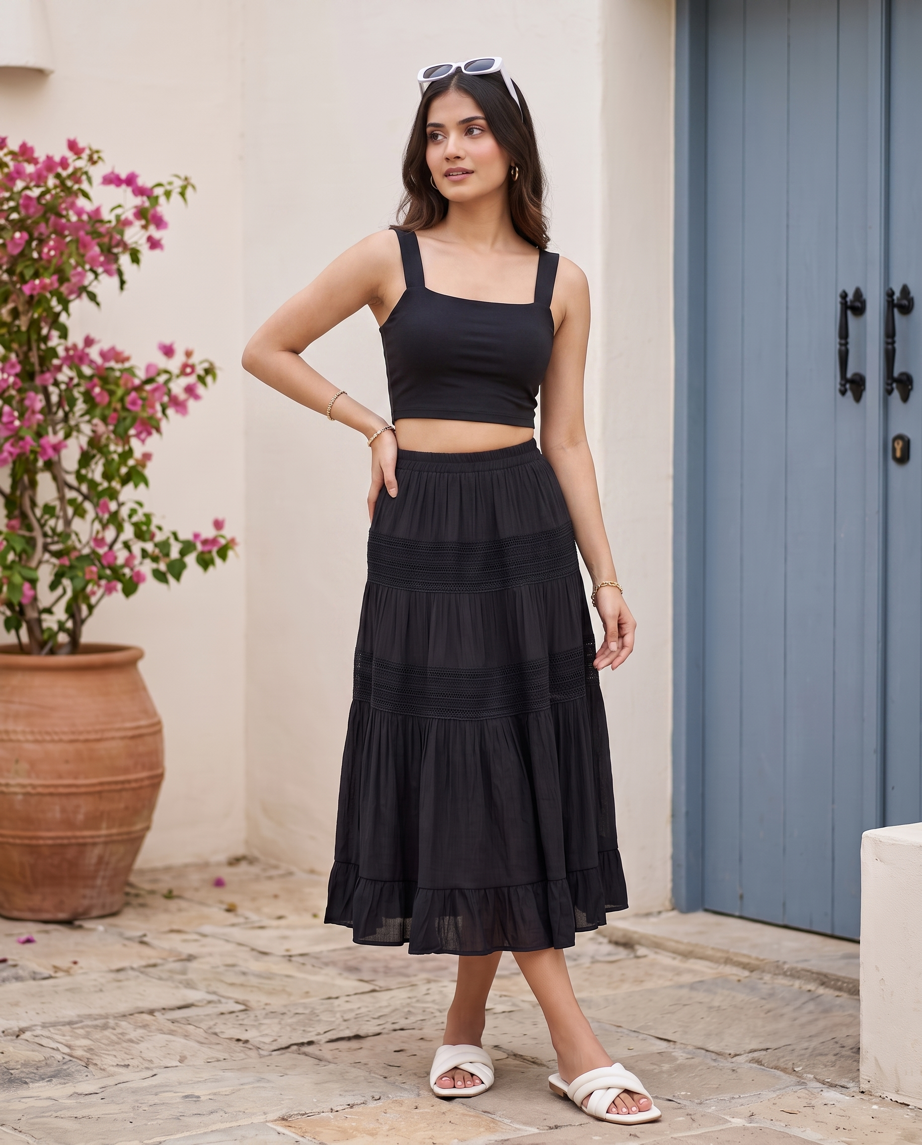 Celestia Tiered Midi Skirt – Classic Black