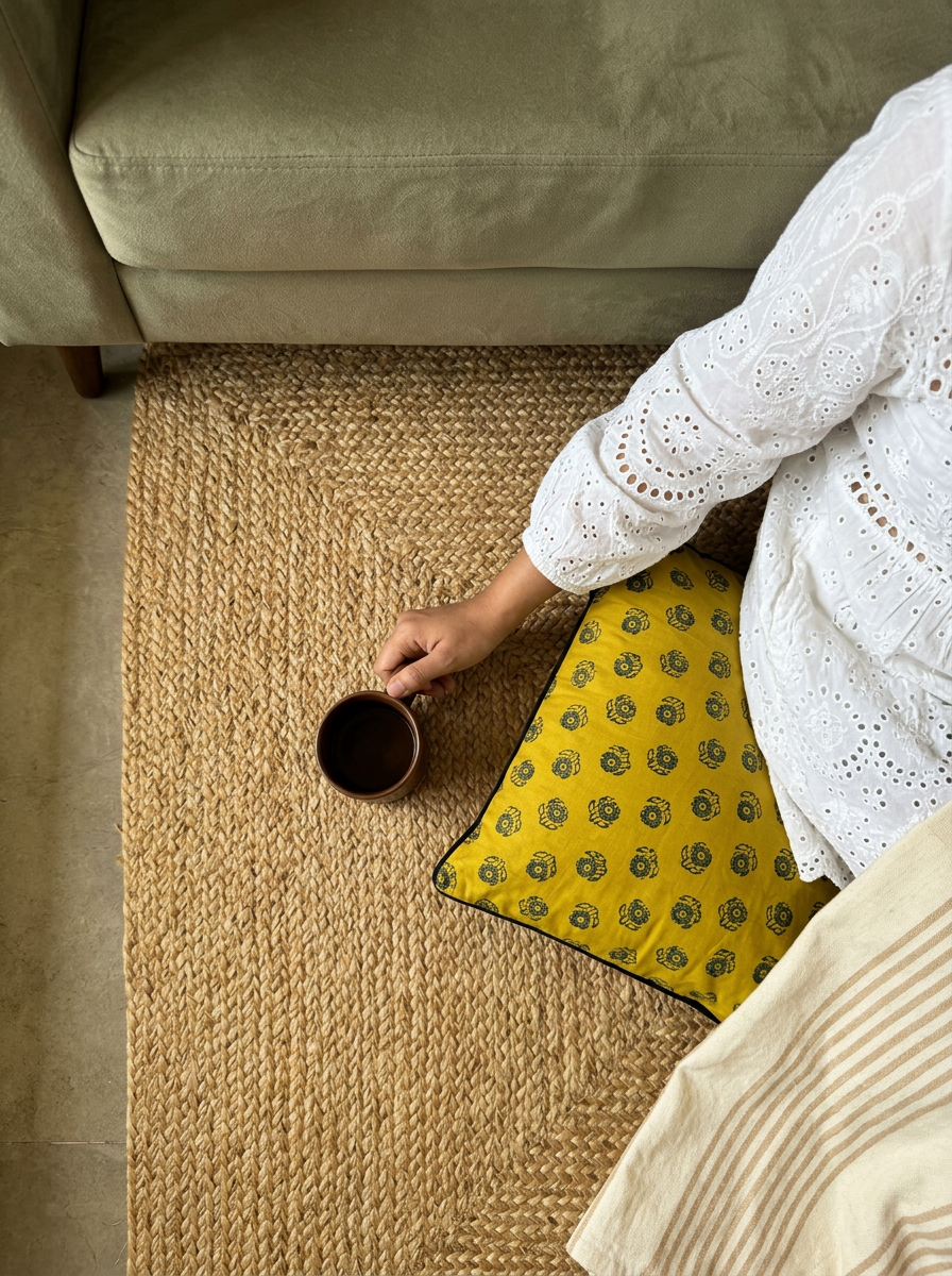 Ajrakh Modal Scattered Starbuds Yellow Cushion Cover
