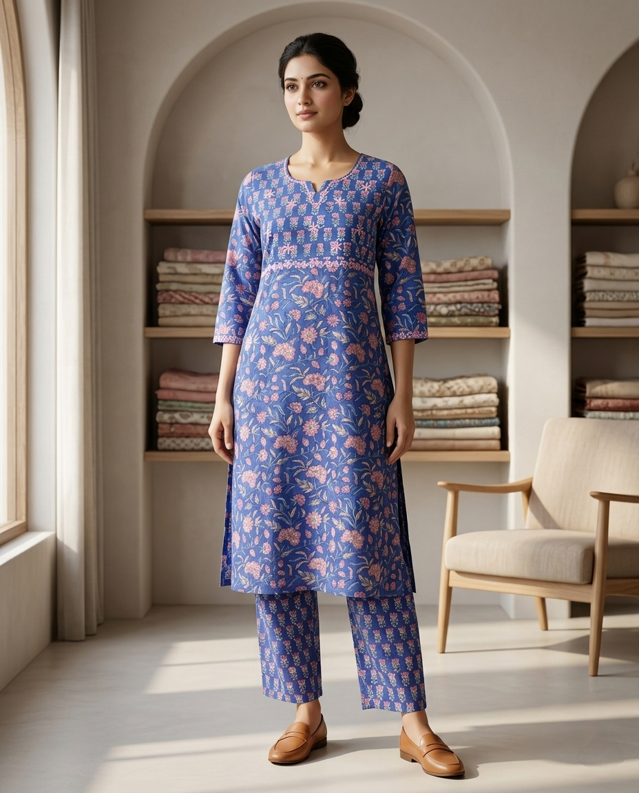 GOLDEN GRACE EMBROIDERY KURTA PANT SET - HANDBLOCK