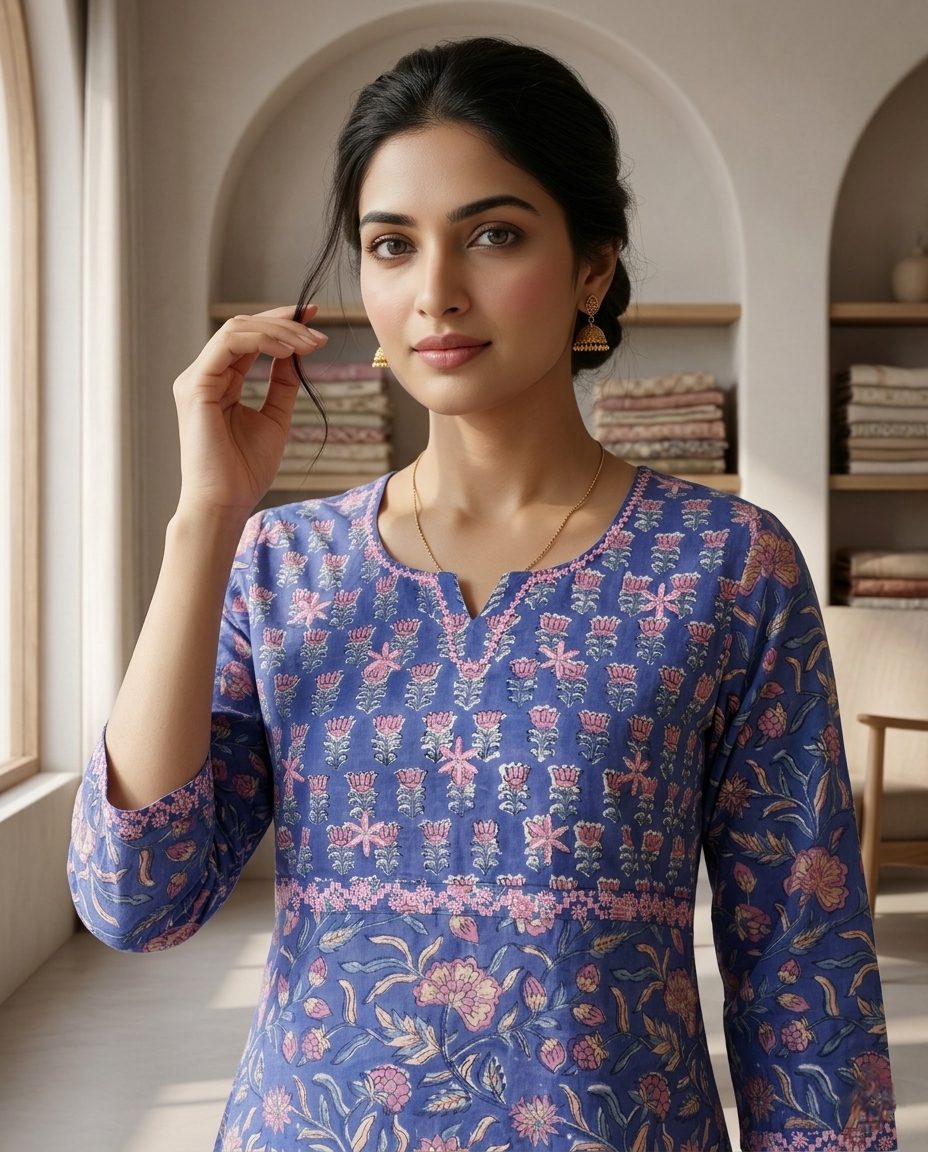 GOLDEN GRACE EMBROIDERY KURTA PANT SET - HANDBLOCK