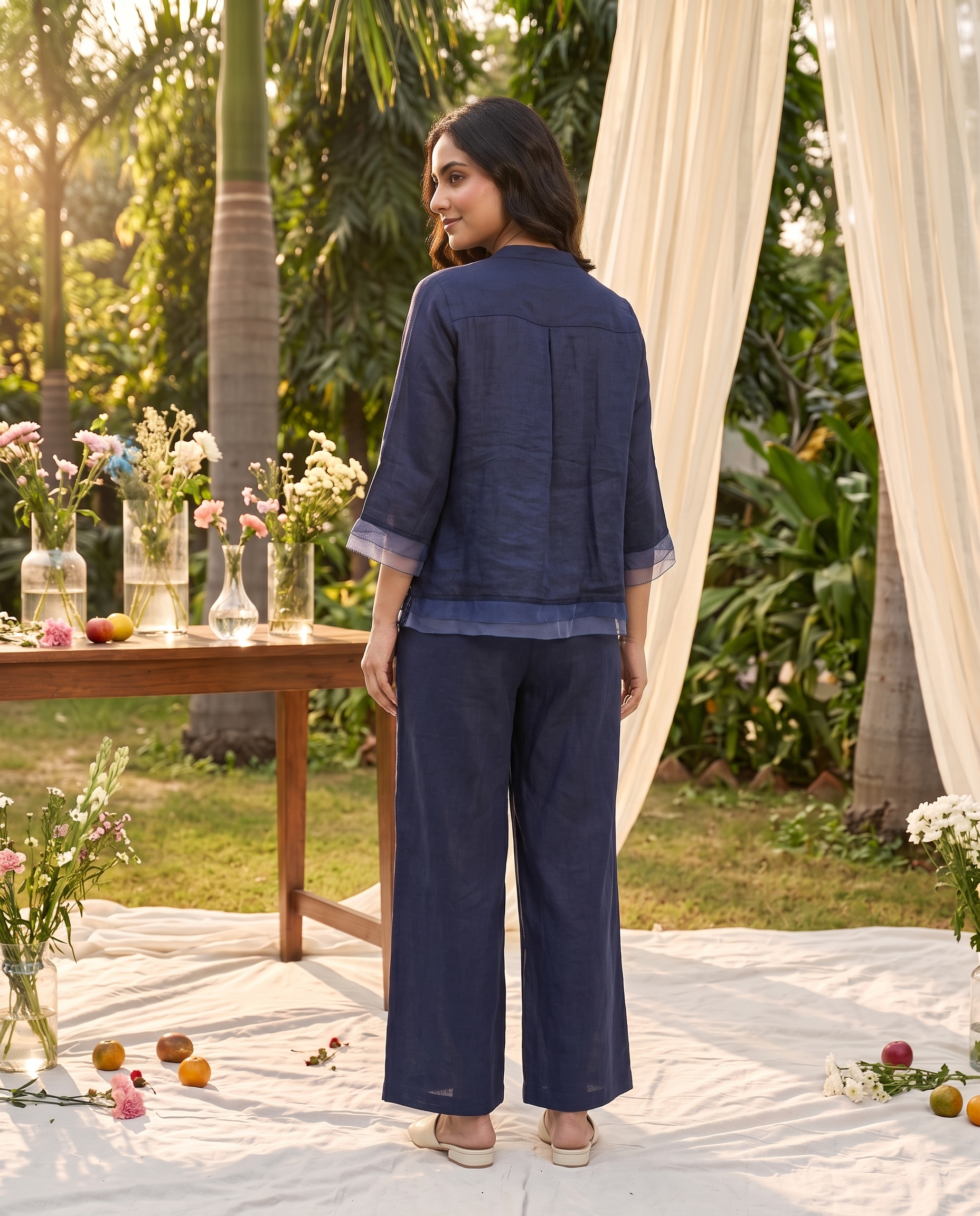 Navy Bloom European Linen Top - Midnight Navy