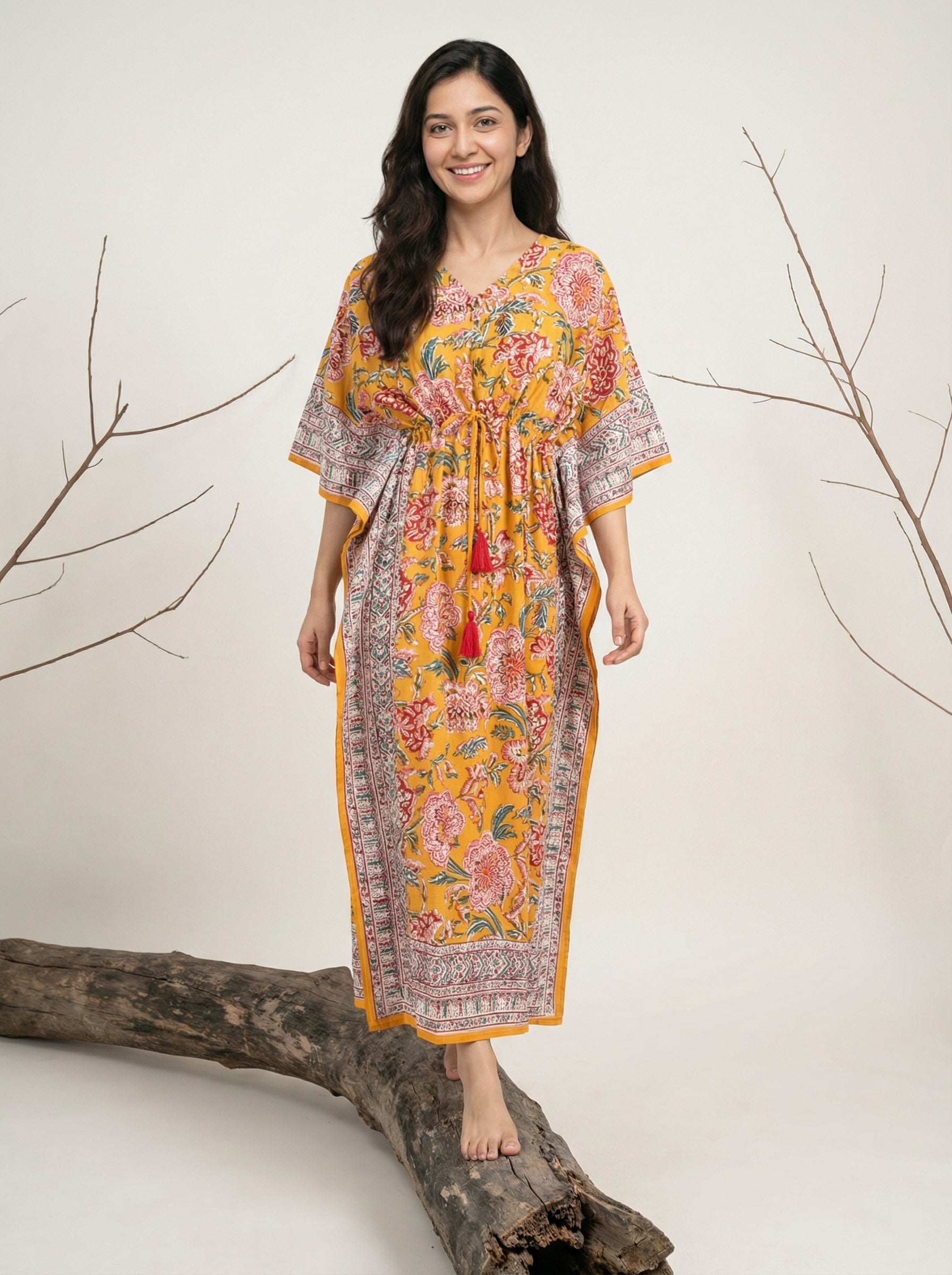 Long Mul Cotton Mustard Brown Kaftan