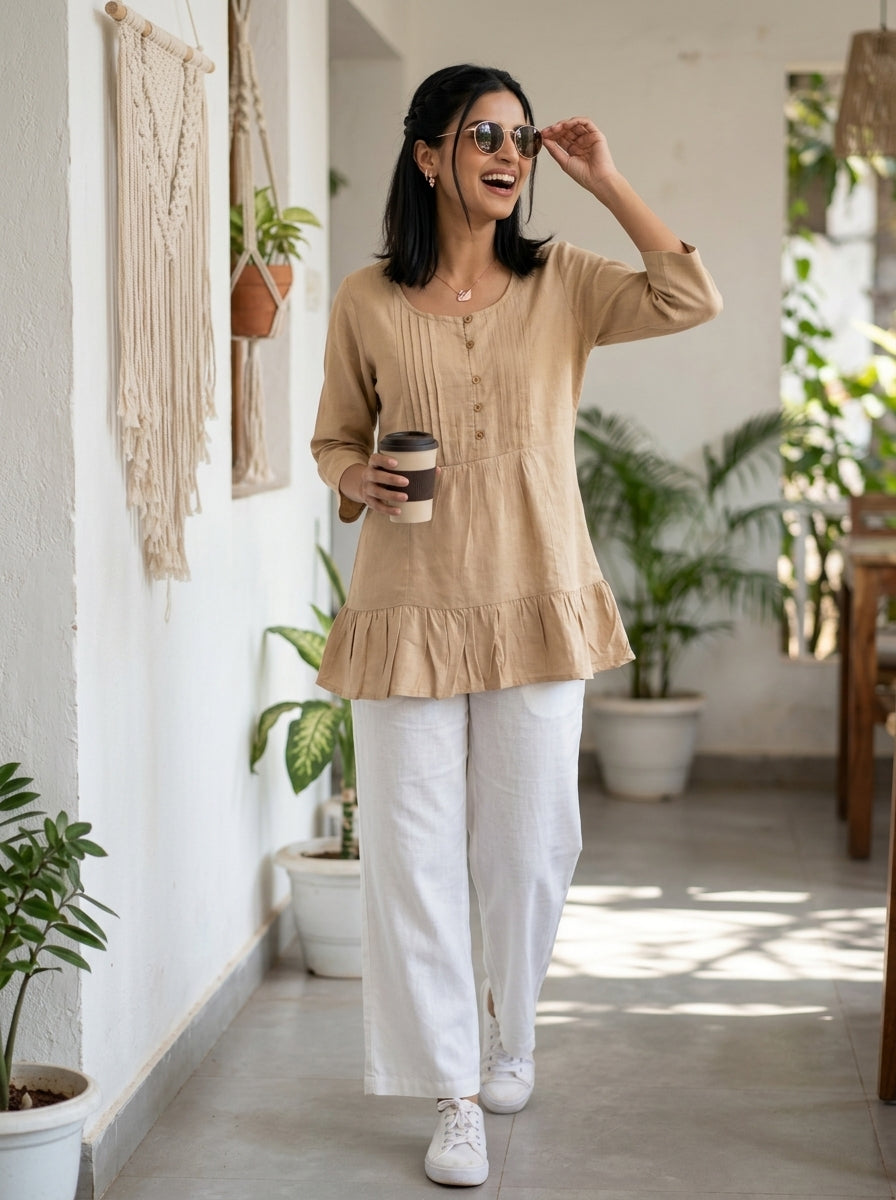 THE LINEAR WAVE BEIGE COTTON TOP