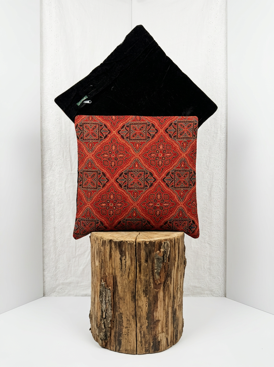 Ajrakh Modal Diamond Lattice Bloom Red Cushion Cover