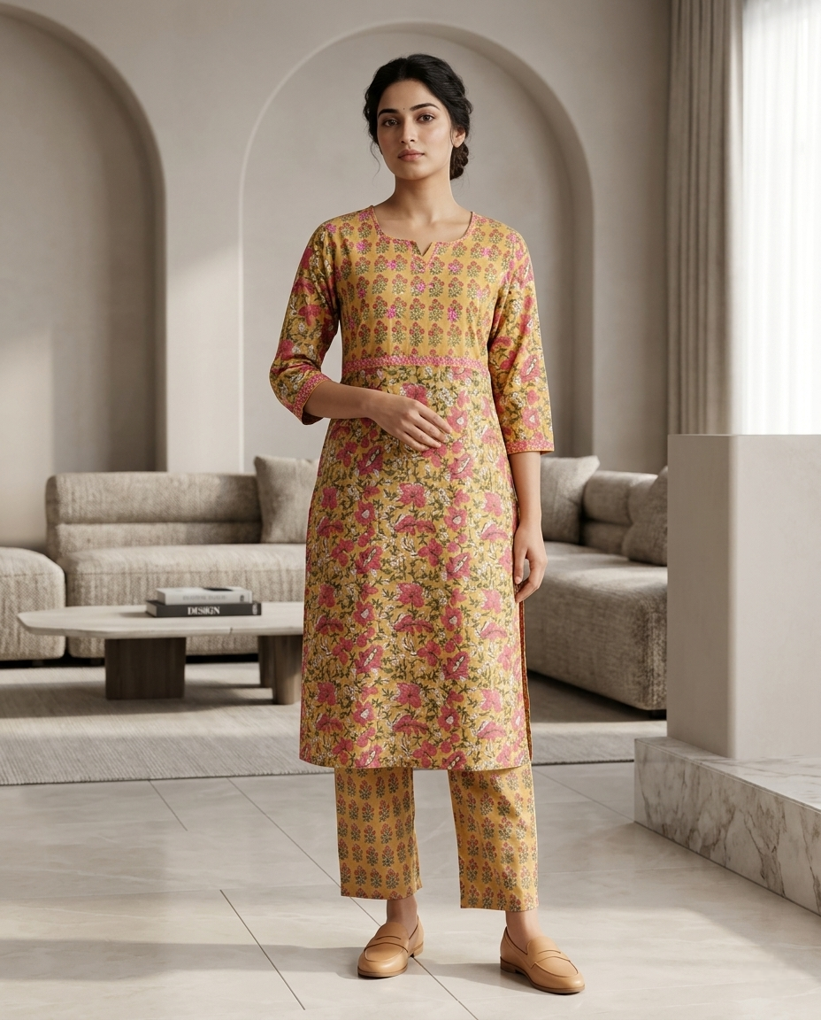 GOLDEN GRACE EMBROIDERY KURTA PANT SET - HANDBLOCK