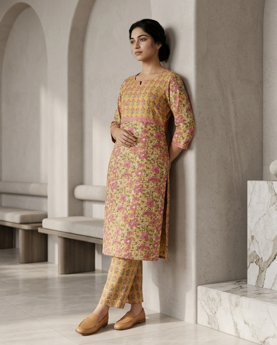 GOLDEN GRACE EMBROIDERY KURTA PANT SET - HANDBLOCK
