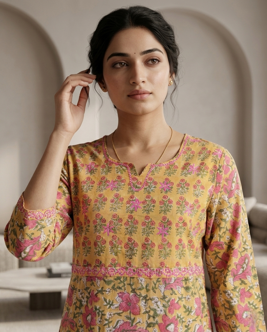 GOLDEN GRACE EMBROIDERY KURTA PANT SET - HANDBLOCK