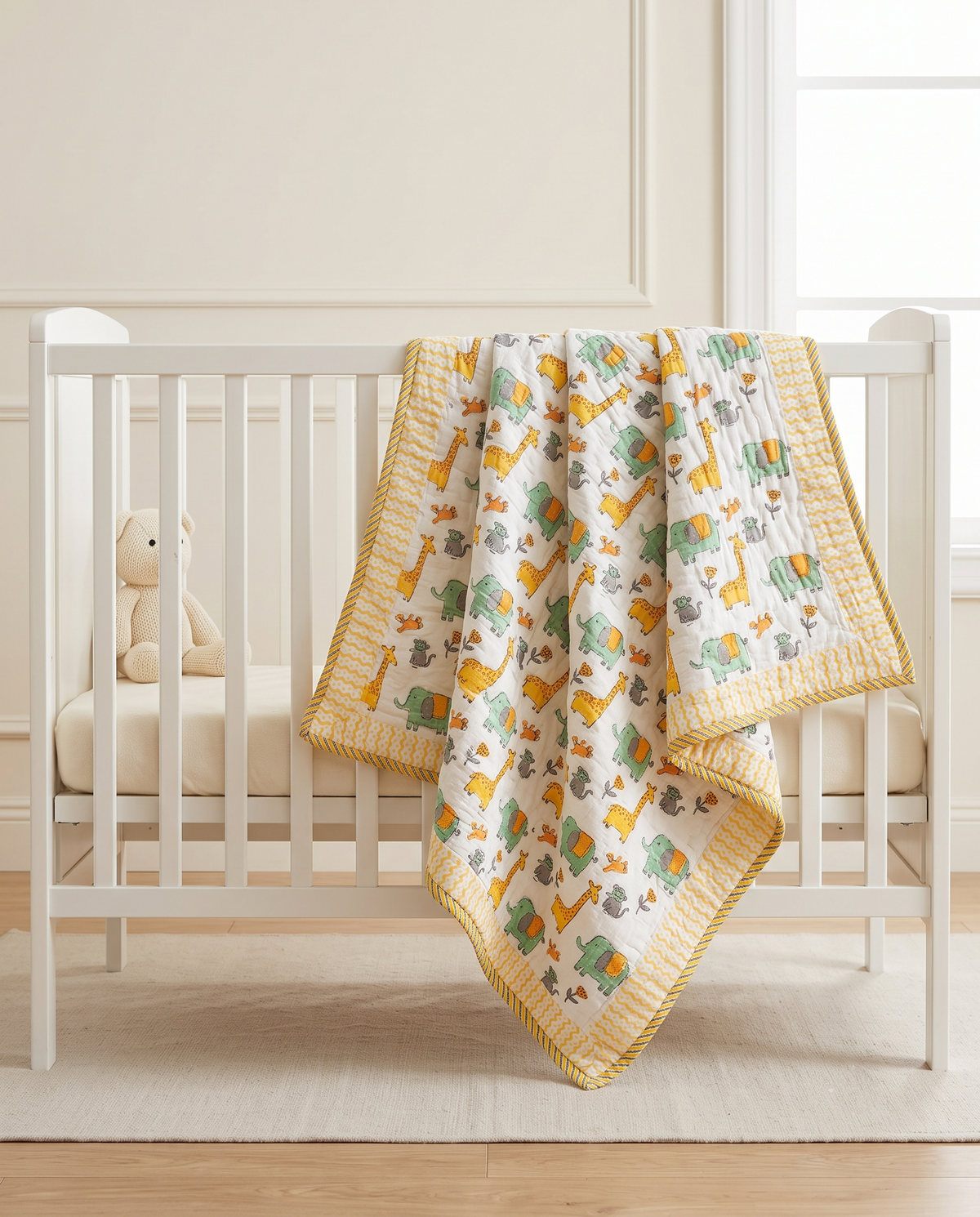TROPICAL JUNGLE PARADE HAND BLOCK BABY REVERSIBLE QUILT