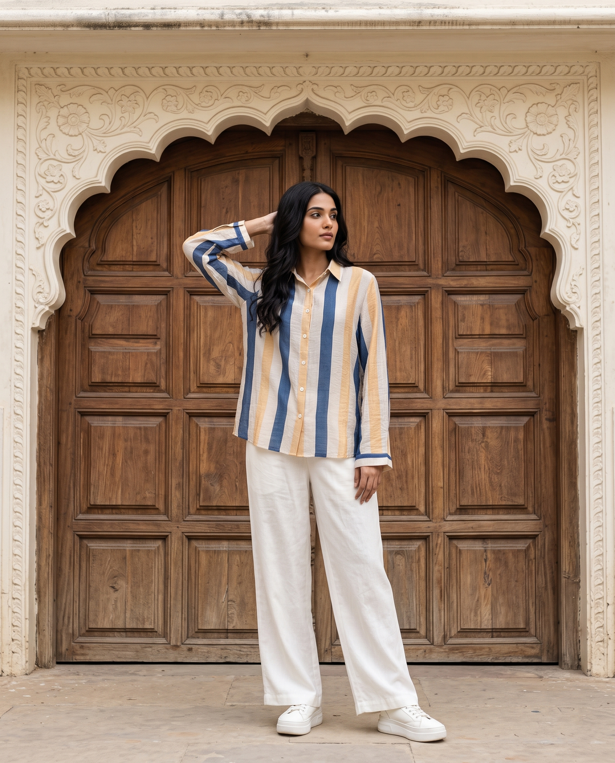 Bamboo Silk 150 GM Sand Beige & Navy Stripe Shirt