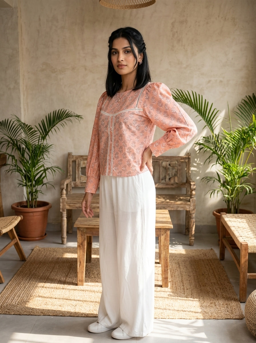 ROSE PUFF HAND BLOCK PEACH COTTON TOP
