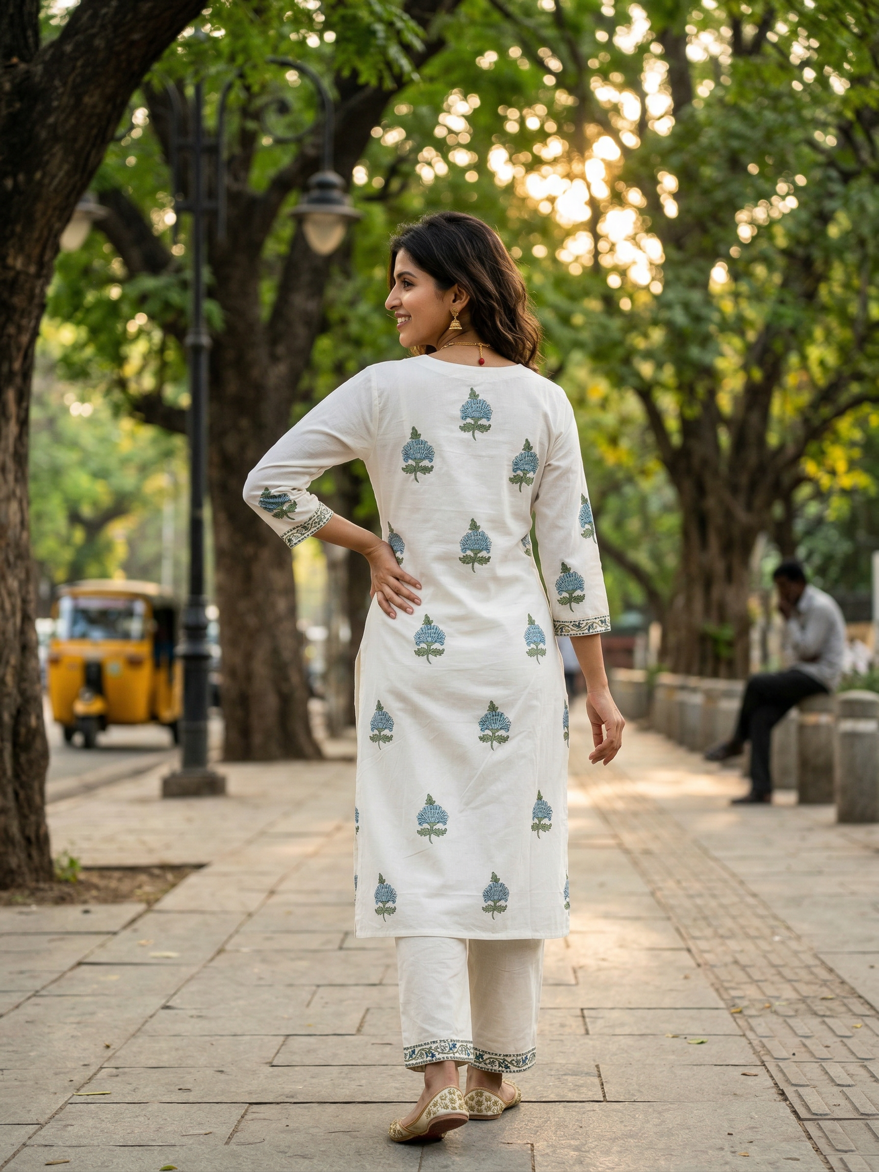 Blue Flower Butta Premium Cotton Kurta