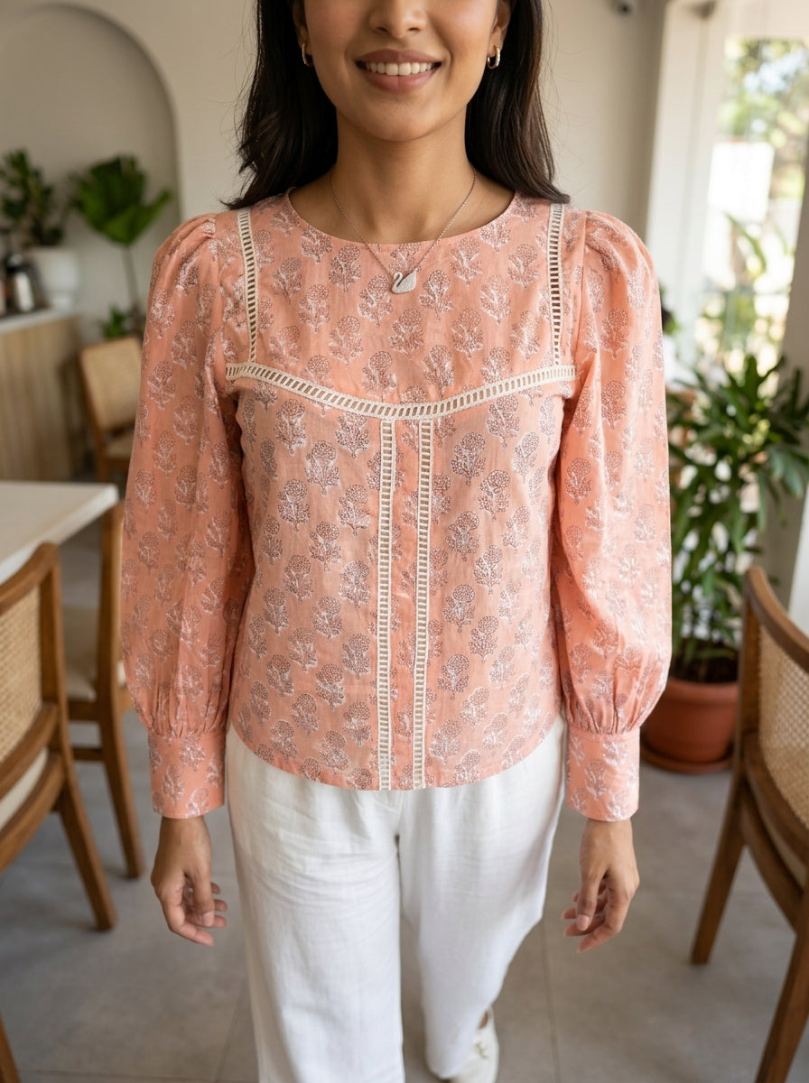 ROSE PUFF HAND BLOCK PEACH COTTON TOP