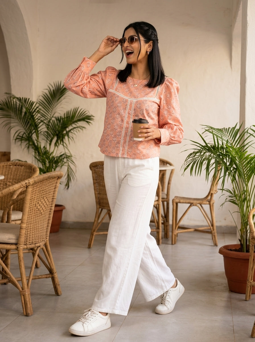 ROSE PUFF HAND BLOCK PEACH COTTON TOP