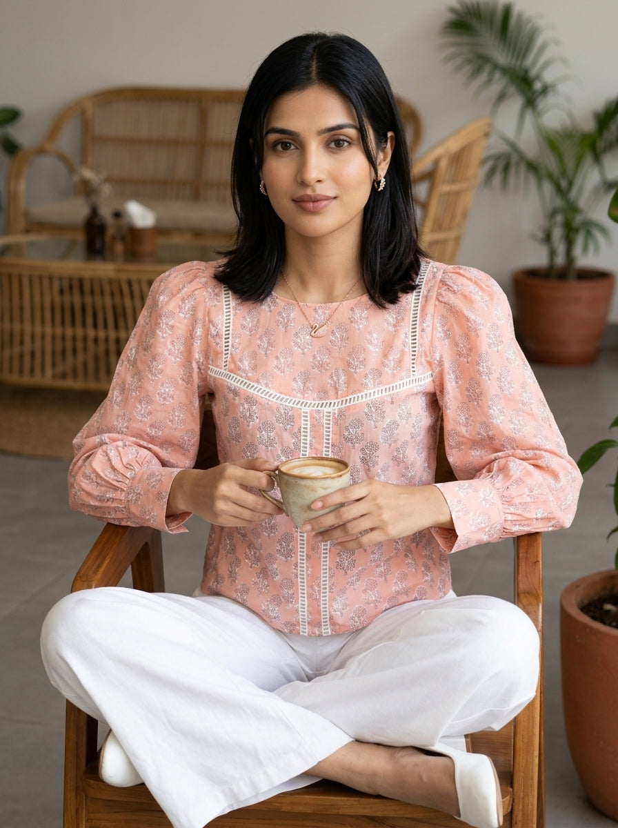 ROSE PUFF HAND BLOCK PEACH COTTON TOP