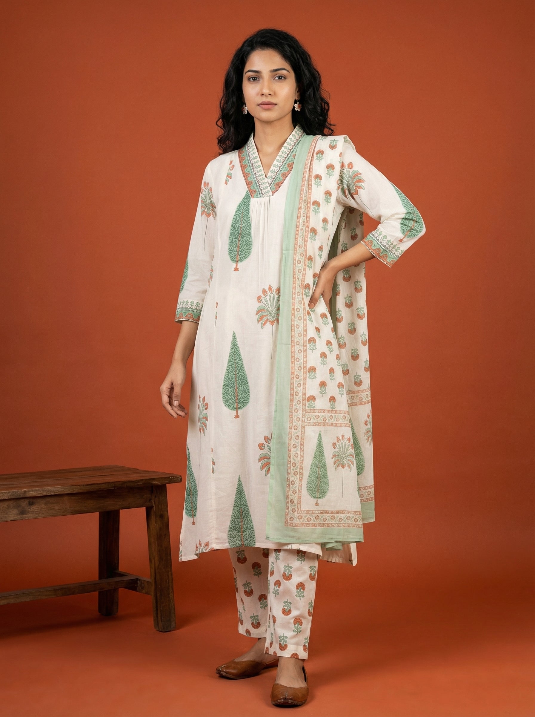V-Neck Boota Elegance Off-white and Green KPD Set