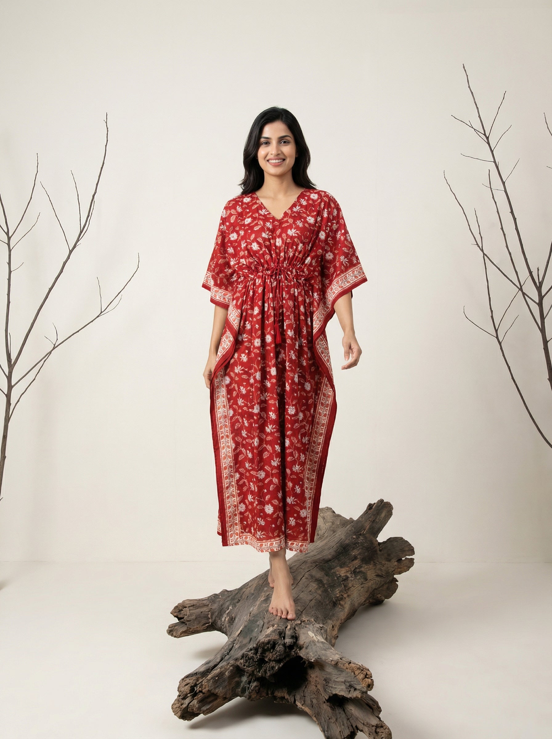 strapless open back dress Long Mul Cotton Deep Red Kaftan