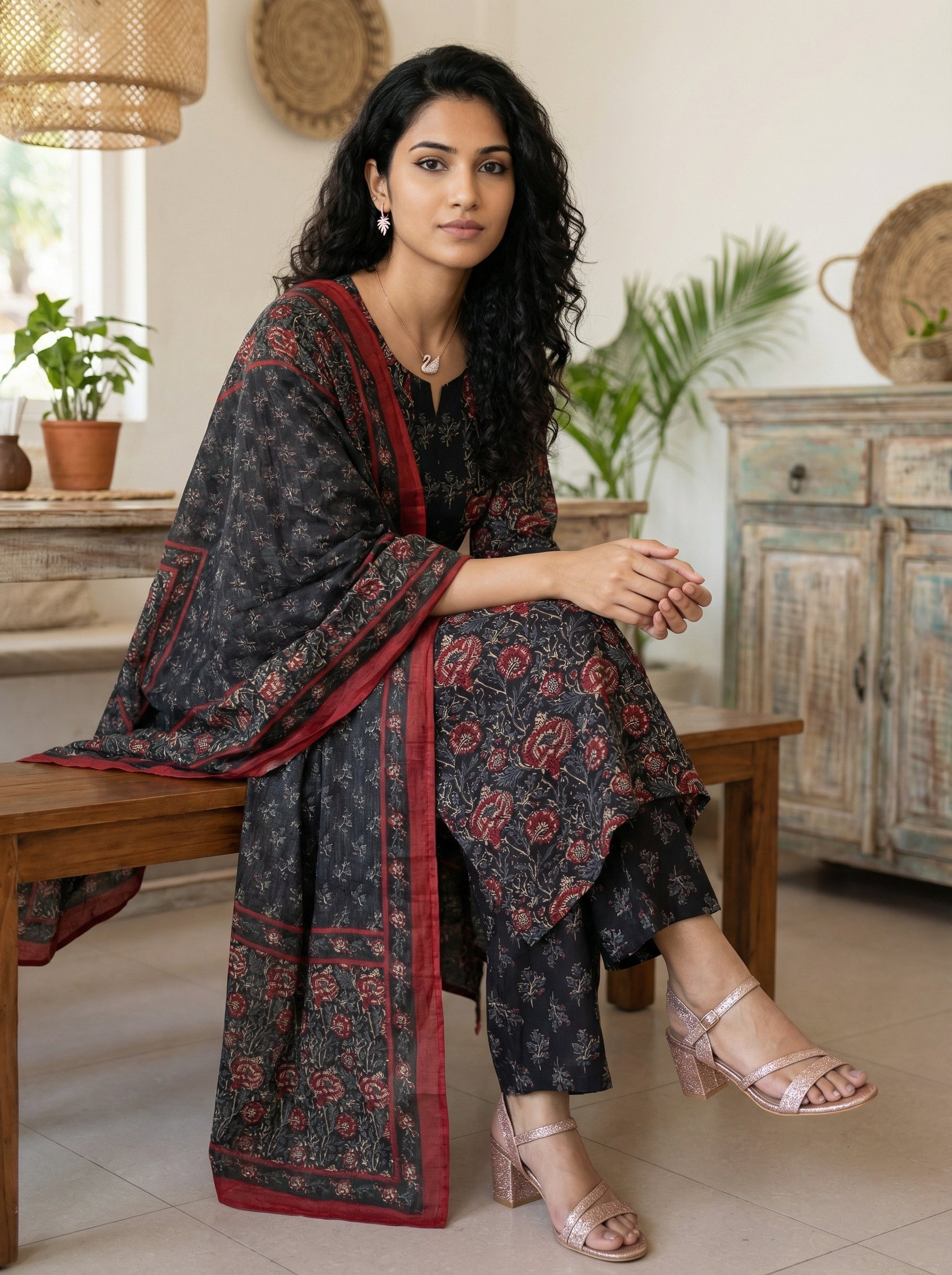 Black Jaal Floral Fusion Cotton KPD Set