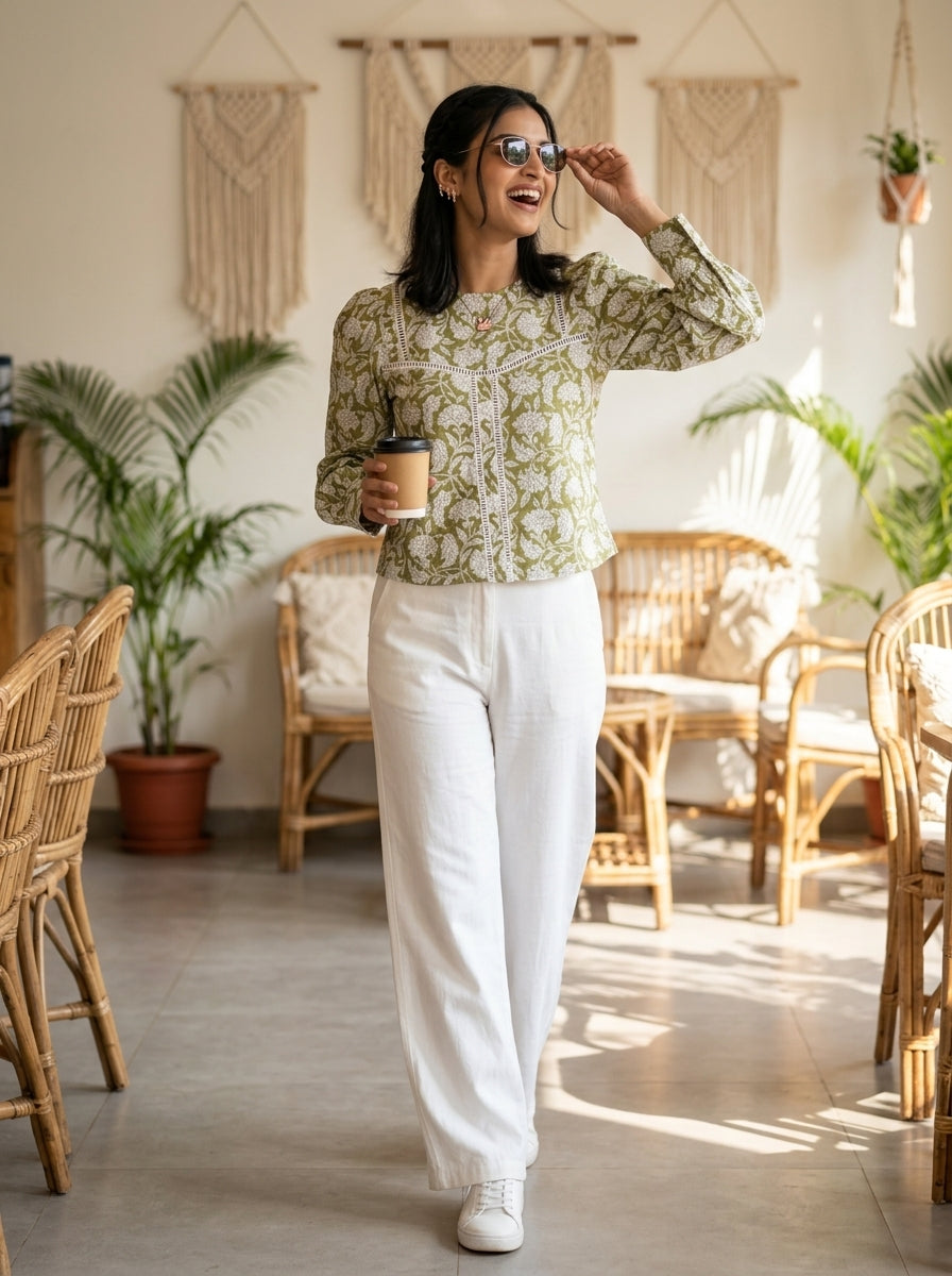 ROSE PUFF HAND BLOCK OLIVE GREEN COTTON TOP