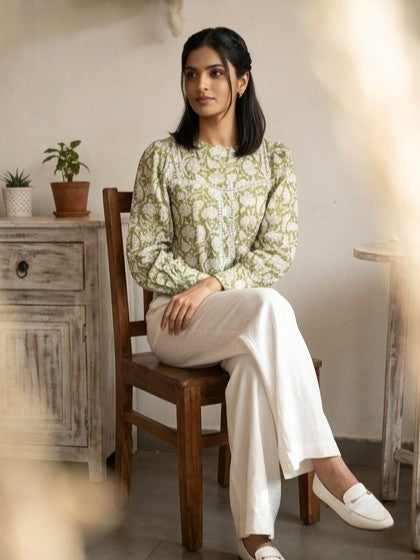 ROSE PUFF HAND BLOCK OLIVE GREEN COTTON TOP