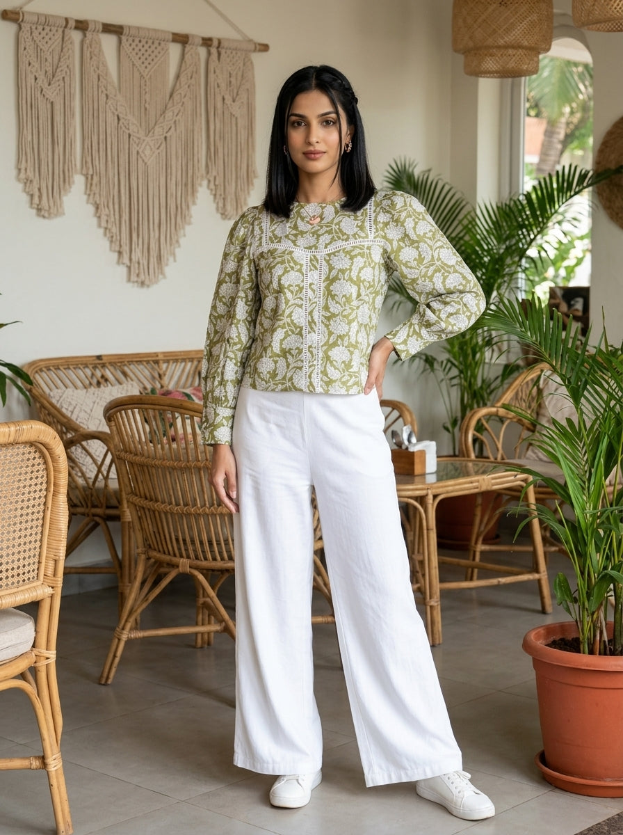 ROSE PUFF HAND BLOCK OLIVE GREEN COTTON TOP