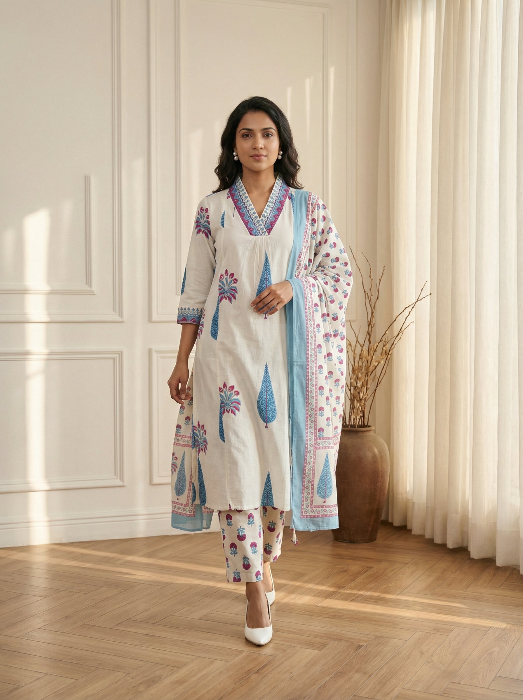 V-Neck Boota Elegance Off-white and Blue KPD Set