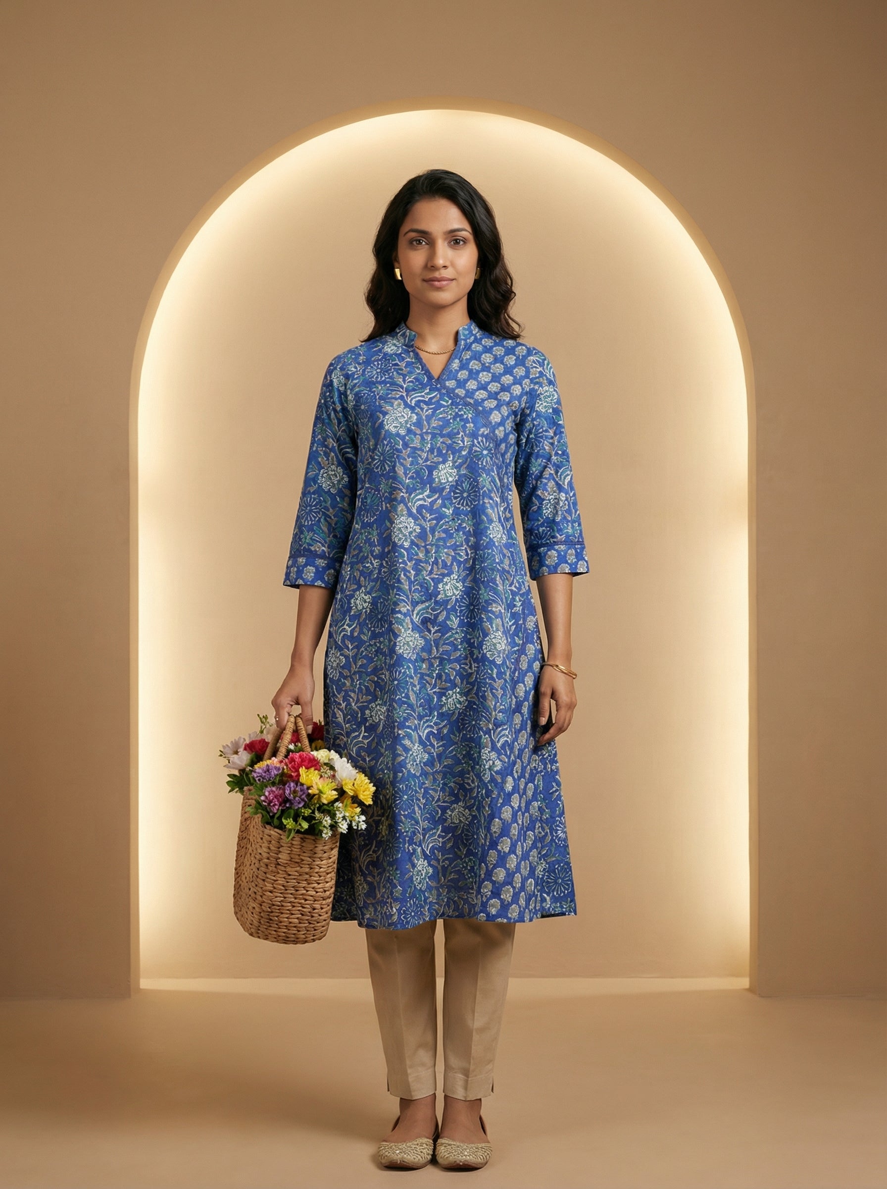 Blue Cotton Blooming Lace Kurta