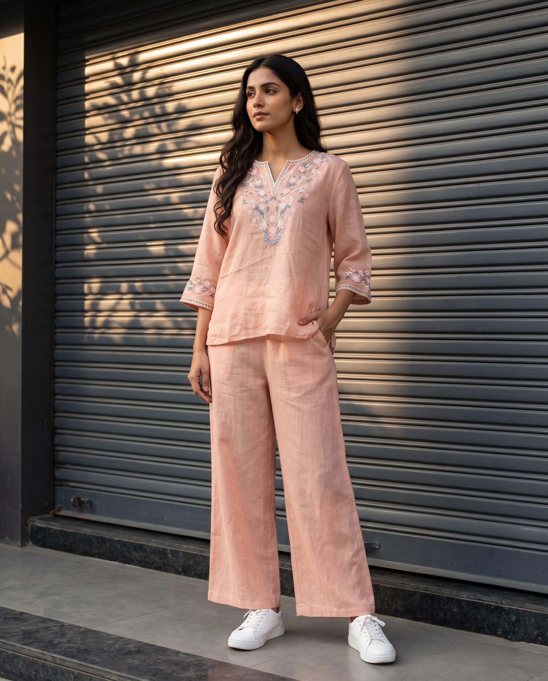 Floral Embroidered European Linen Top - Blush Pink