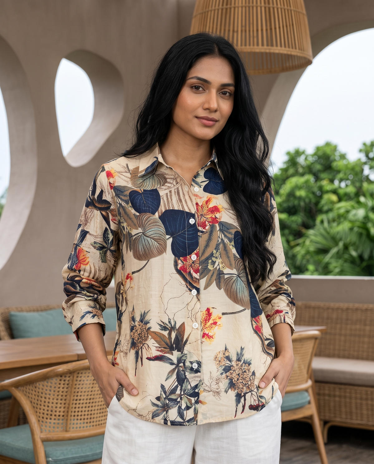 Bamboo Silk 150 GM Sand Beige Midnight Botanical Shirt