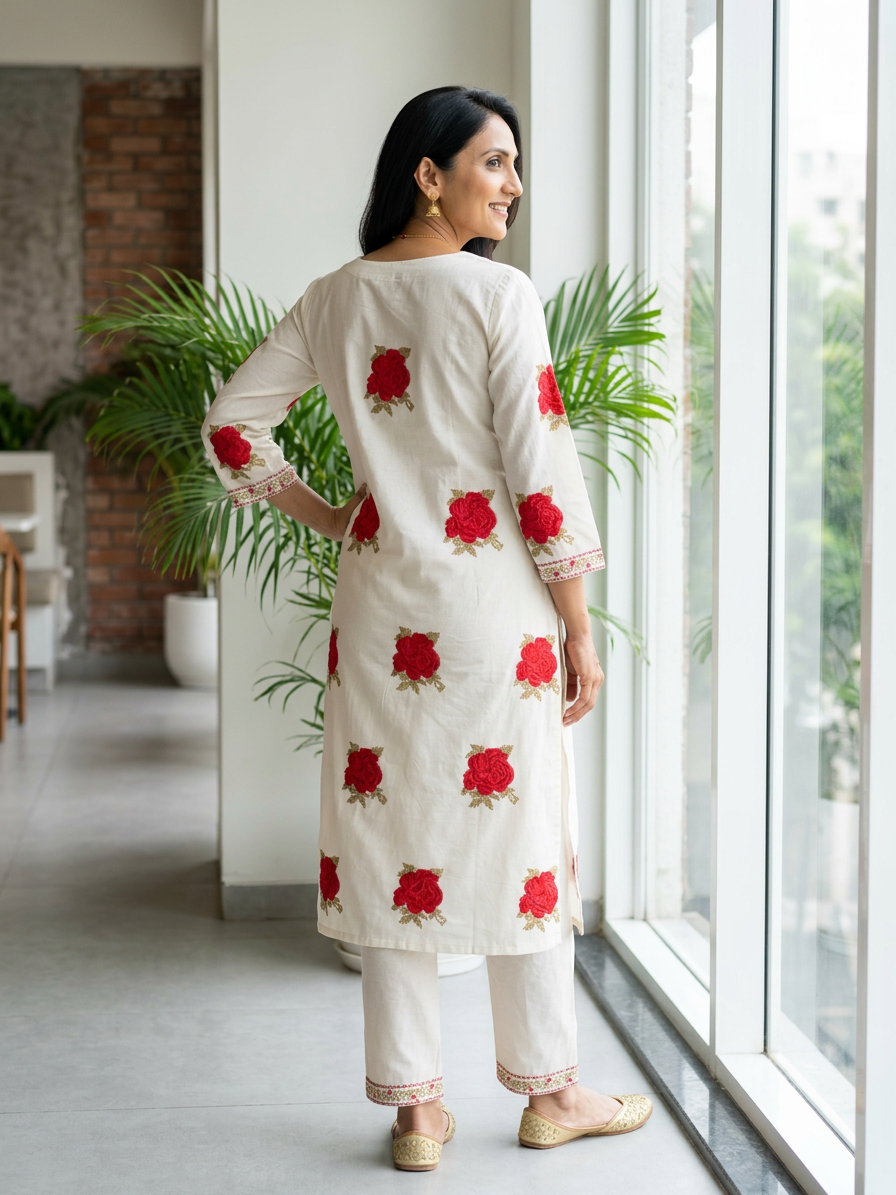 Red Floral Butta Premium Cotton Kurta