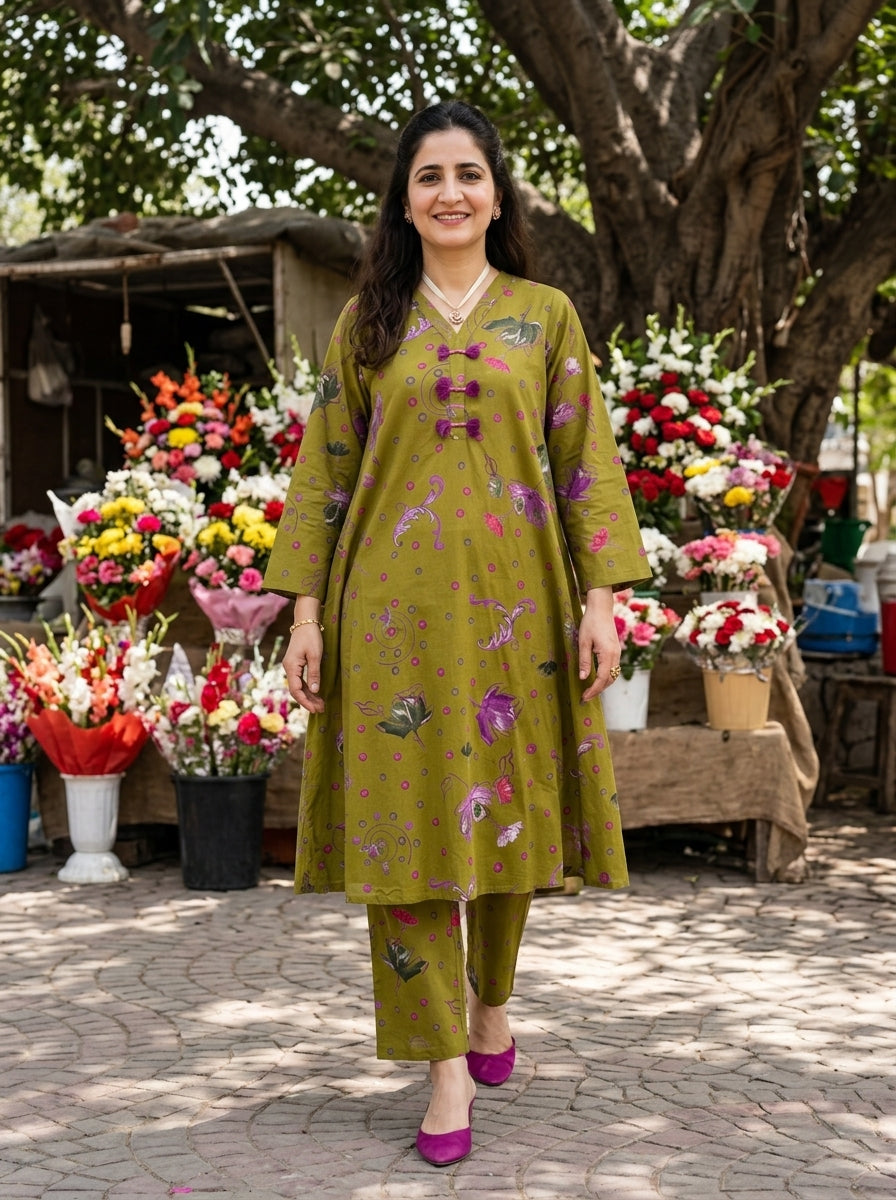 Olive Green Baghbaan Cotton KP Set