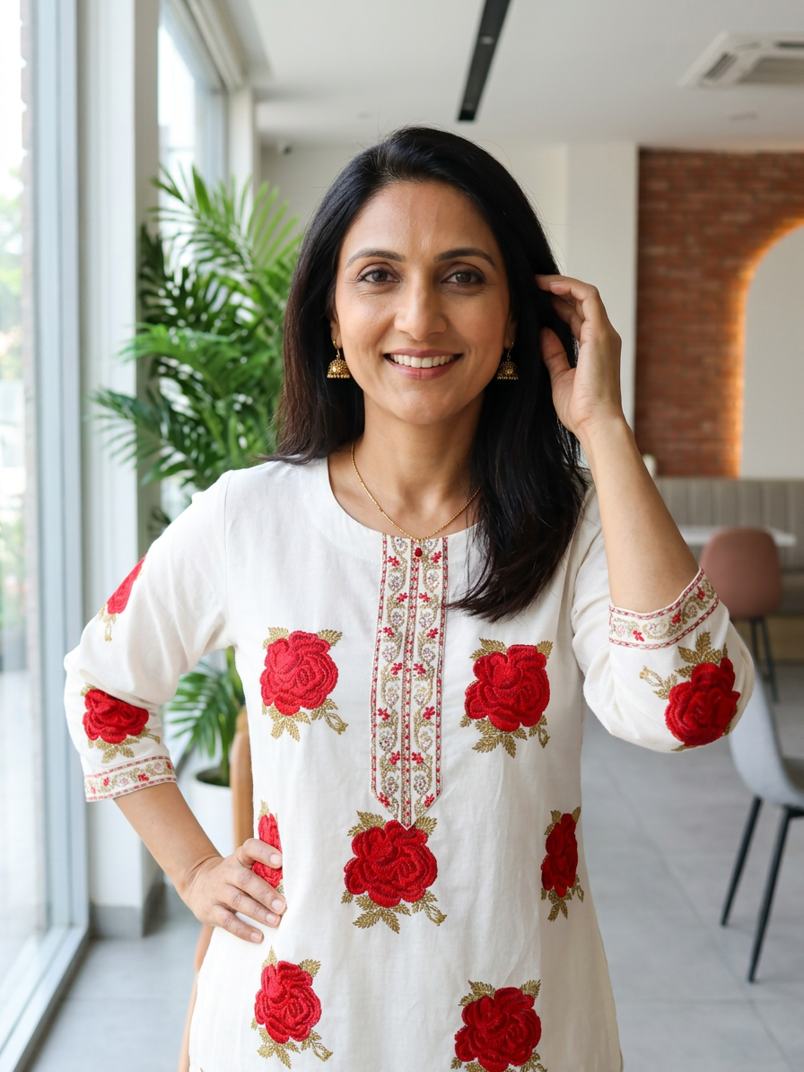 Red Floral Butta Premium Cotton Kurta