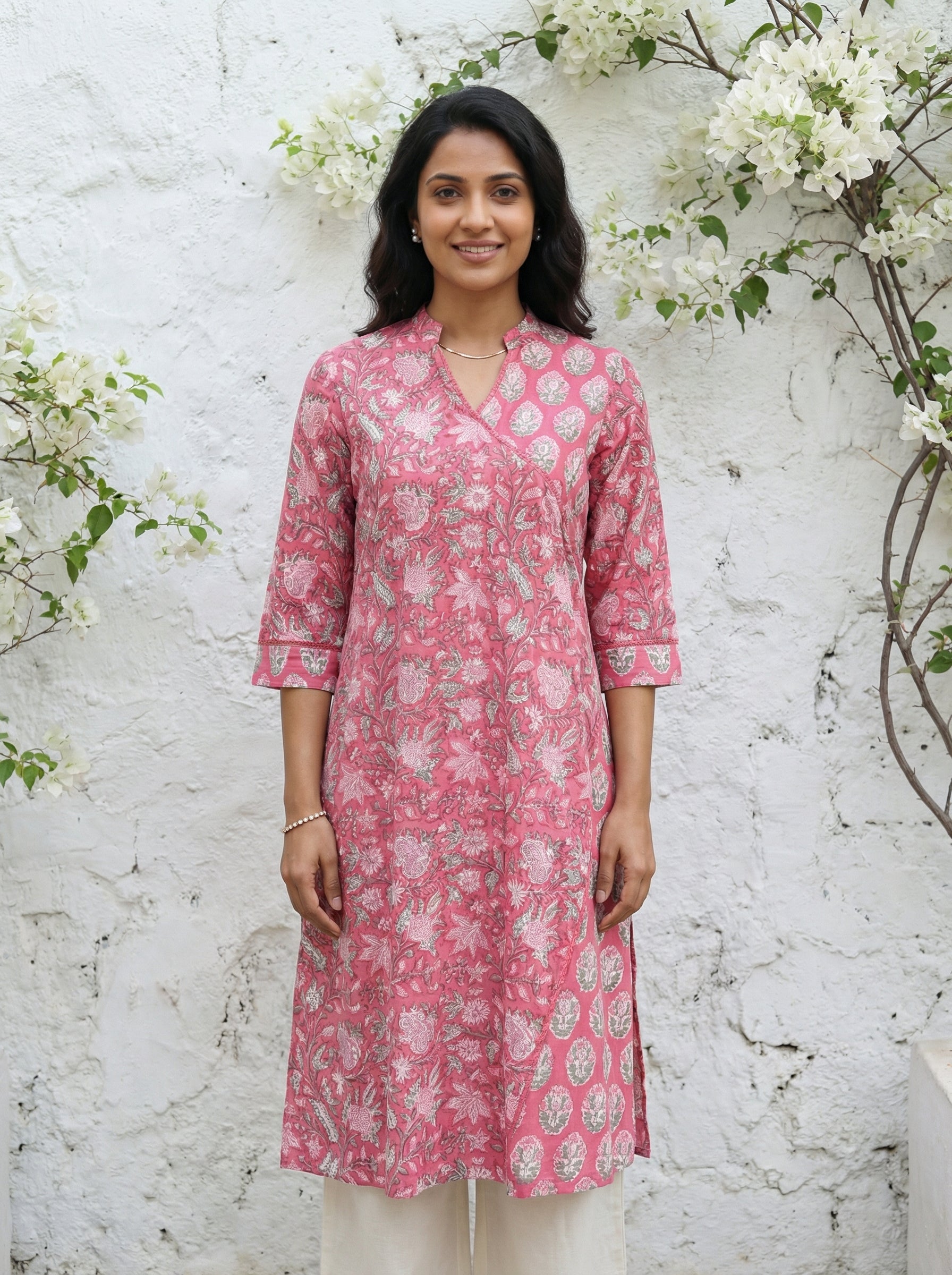 Pink Cotton Blooming Lace Kurta