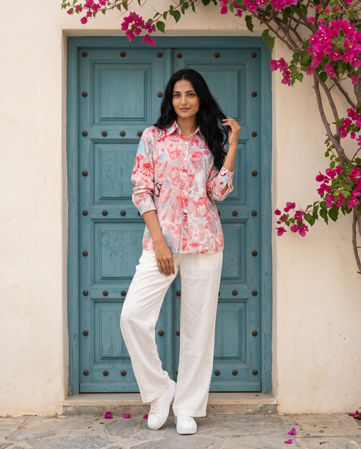 Bamboo Silk 150 GM Coral Rose Vintage Floral Shirt