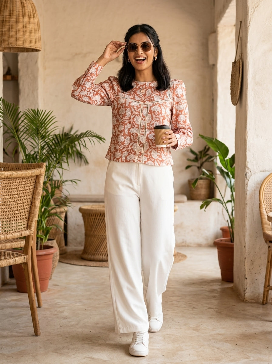 ROSE PUFF HAND BLOCK LIGHT BROWN COTTON TOP