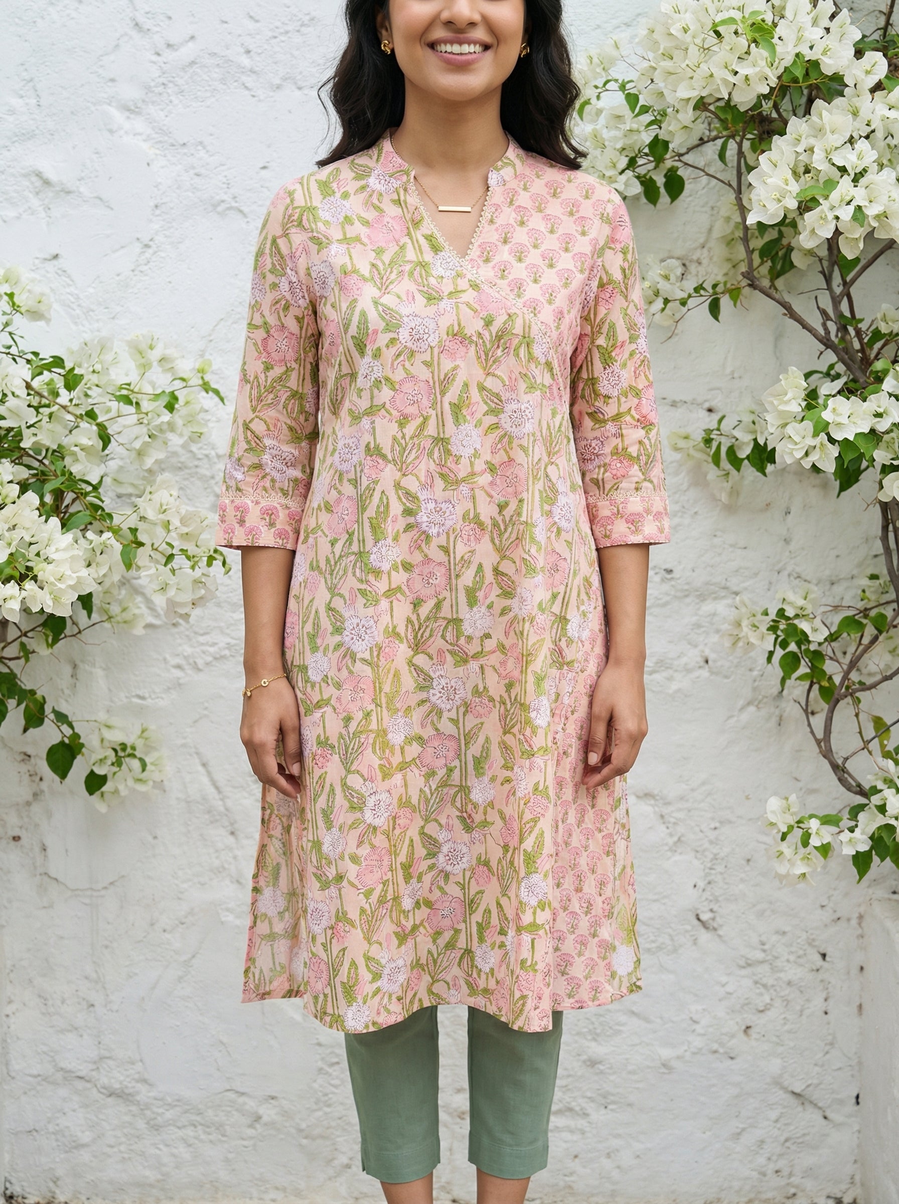 Peach Cotton Blooming Lace Kurta