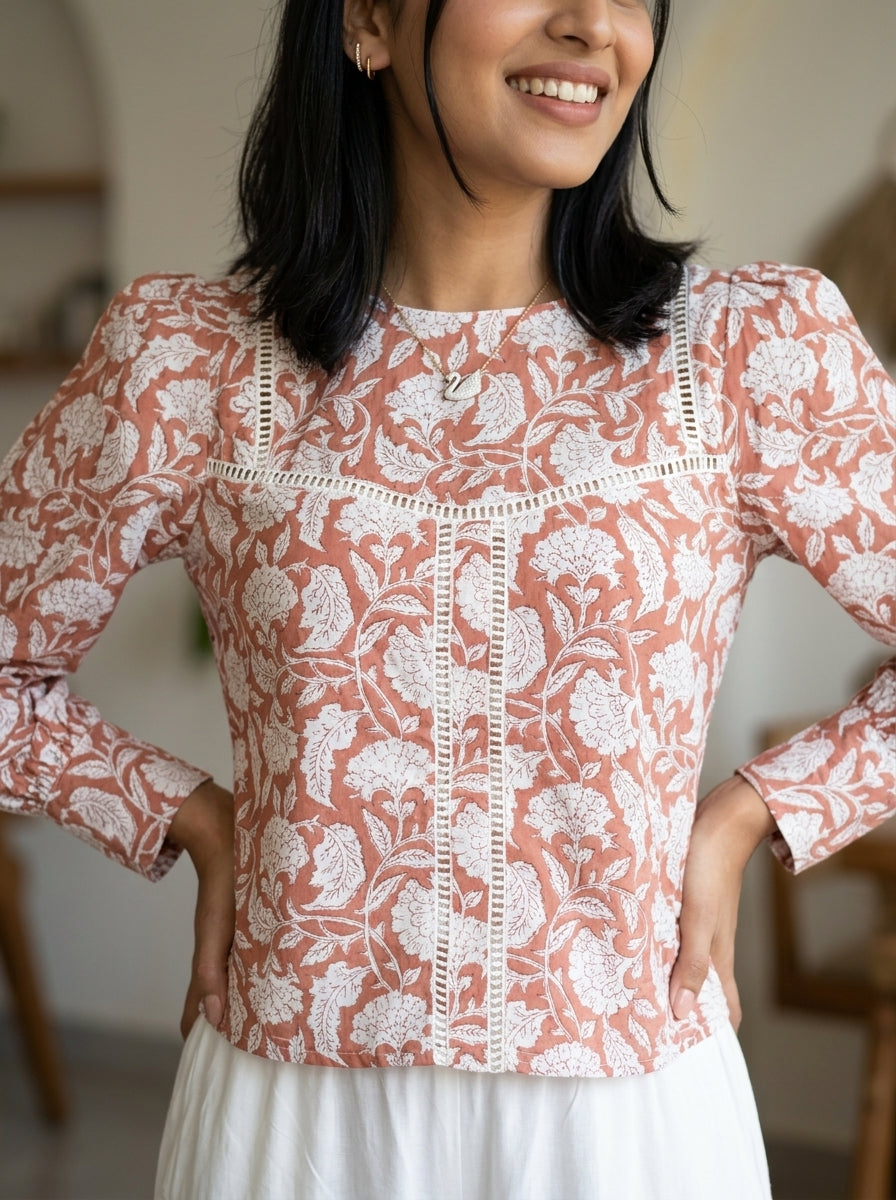 ROSE PUFF HAND BLOCK LIGHT BROWN COTTON TOP