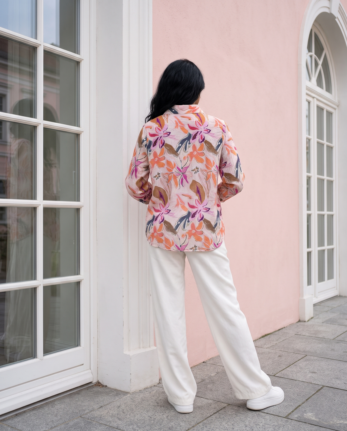 Bamboo Silk 150 GM Peach Orchid Abstract Floral Shirt