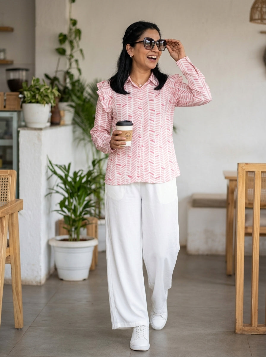 FRILL PEACHISH PINK FINE COTTON TOP (HANDPRINTED)