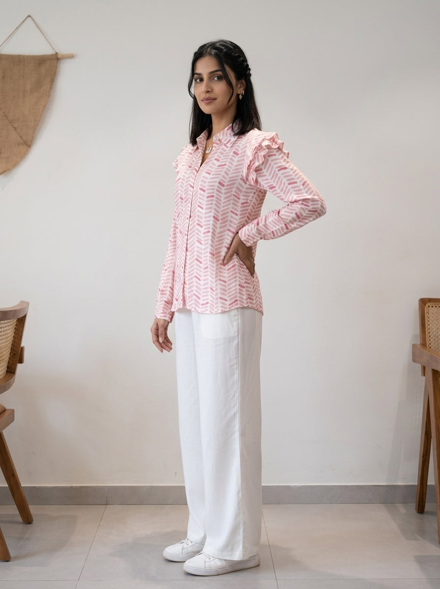 FRILL PEACHISH PINK FINE COTTON TOP (HANDPRINTED)