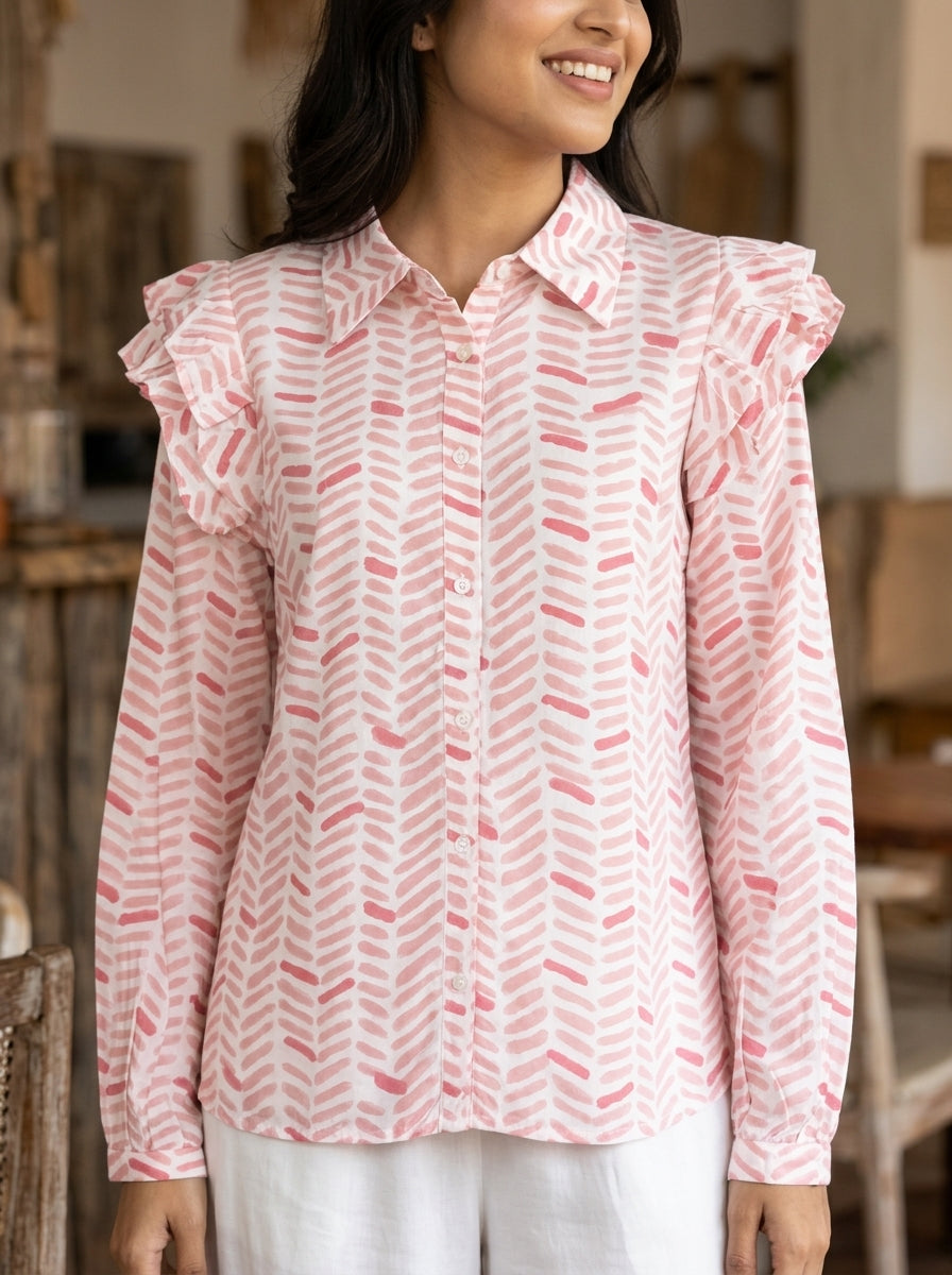 FRILL PEACHISH PINK FINE COTTON TOP (HANDPRINTED)