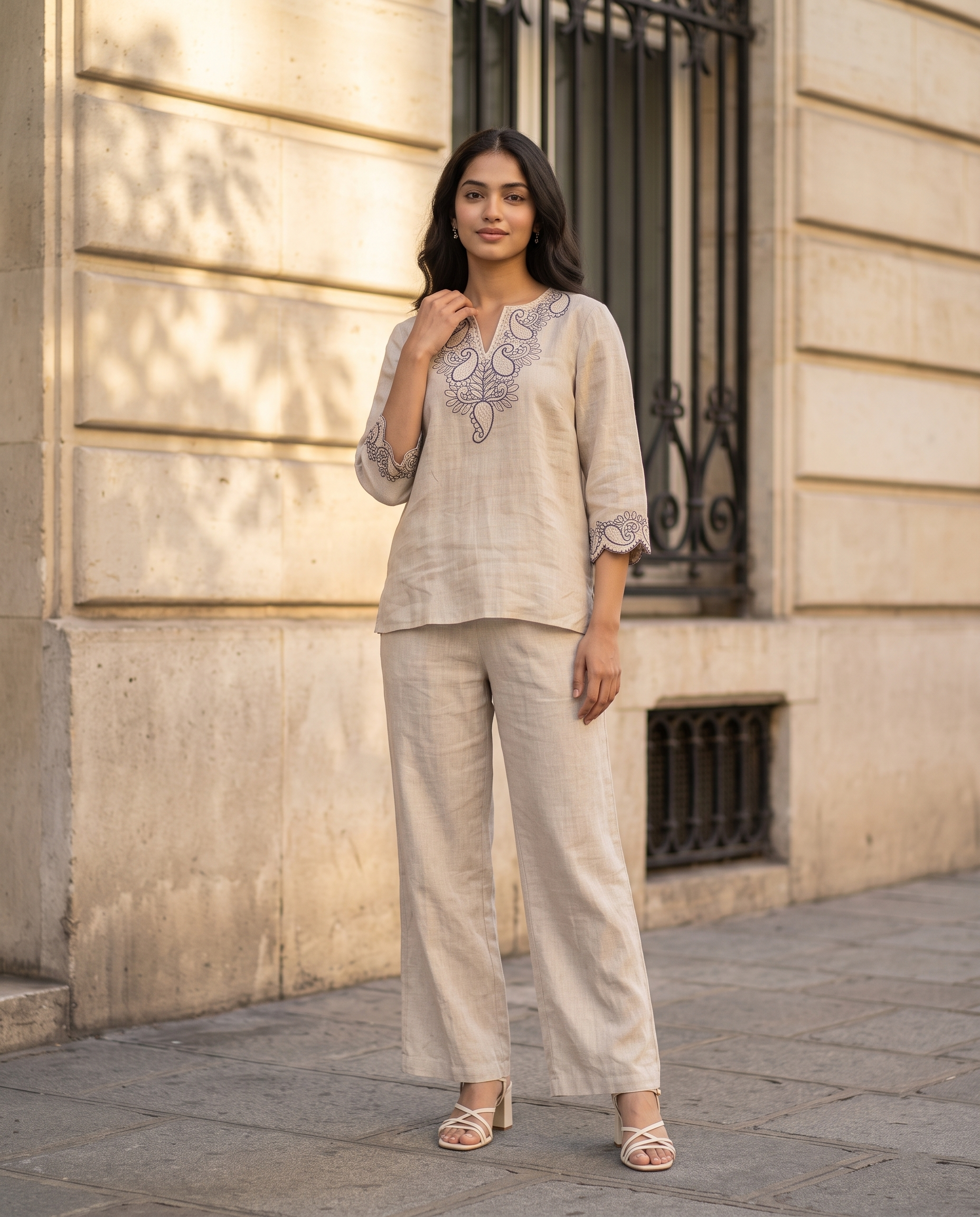 Paisley Embroidered European Linen Top - Natural Beige