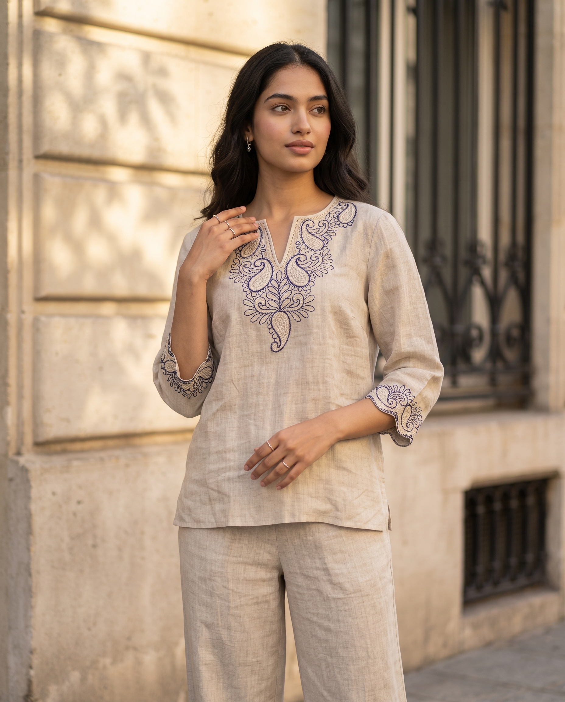 Paisley Embroidered European Linen Top - Natural Beige