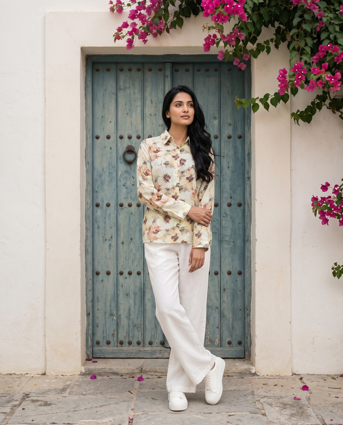 Bamboo Silk 150 GM Champagne Beige Autumn Floral Shirt