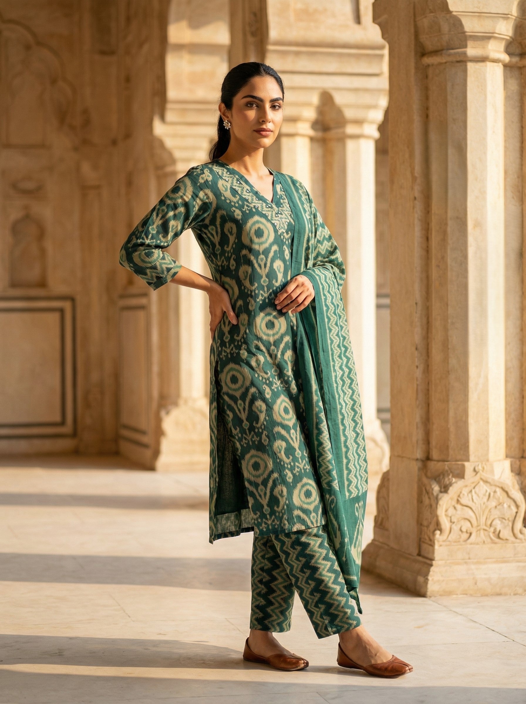 IKKAT ZIGZAG TEAL GREEN FUSION 3PC SET