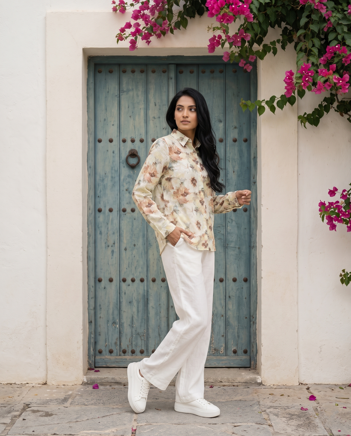 Bamboo Silk 150 GM Champagne Beige Autumn Floral Shirt