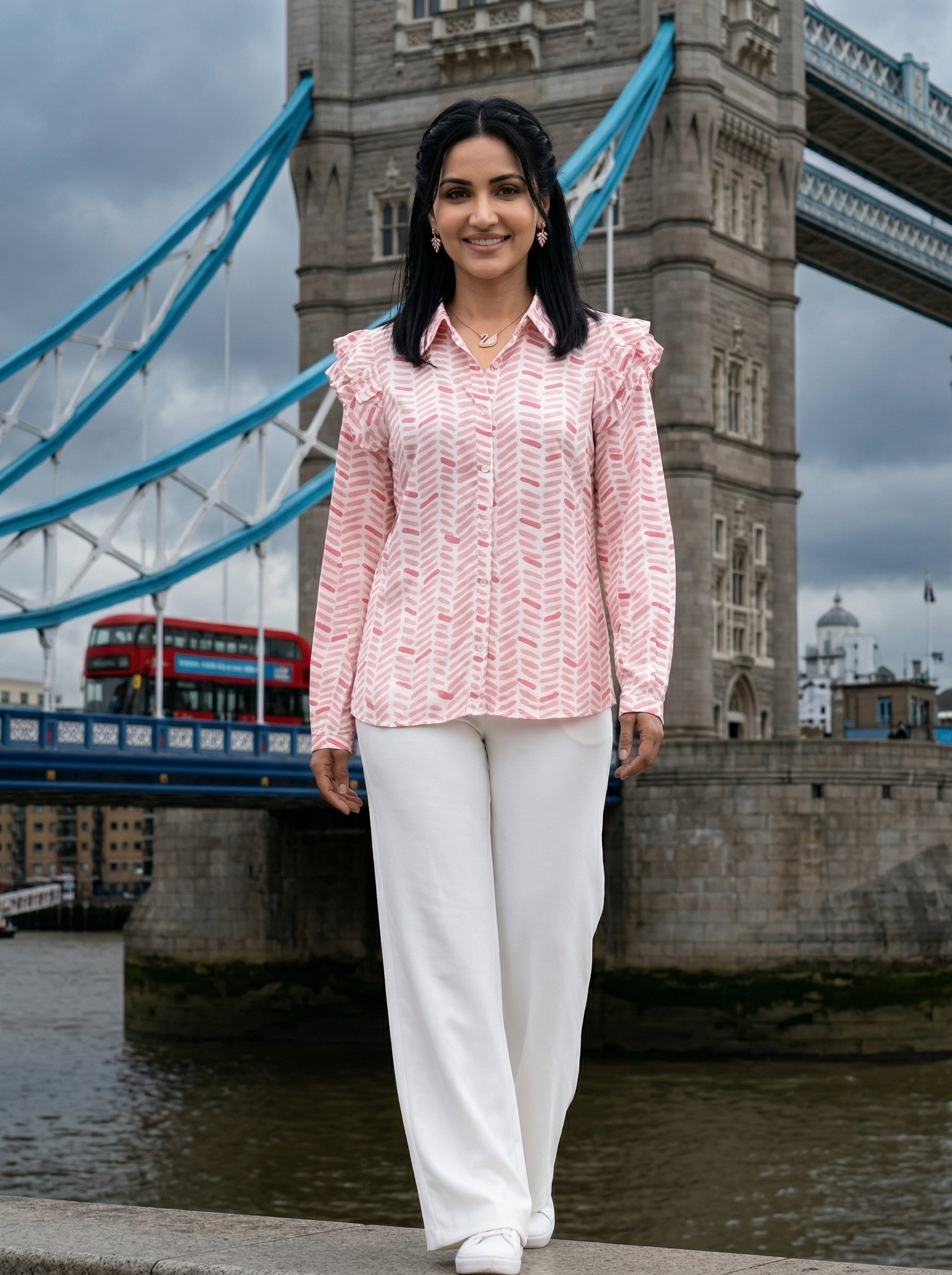 FRILL PEACHISH PINK FINE COTTON TOP (HANDPRINTED)