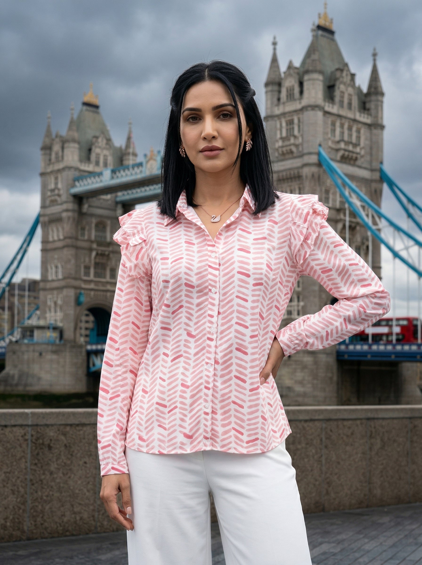 FRILL PEACHISH PINK FINE COTTON TOP (HANDPRINTED)